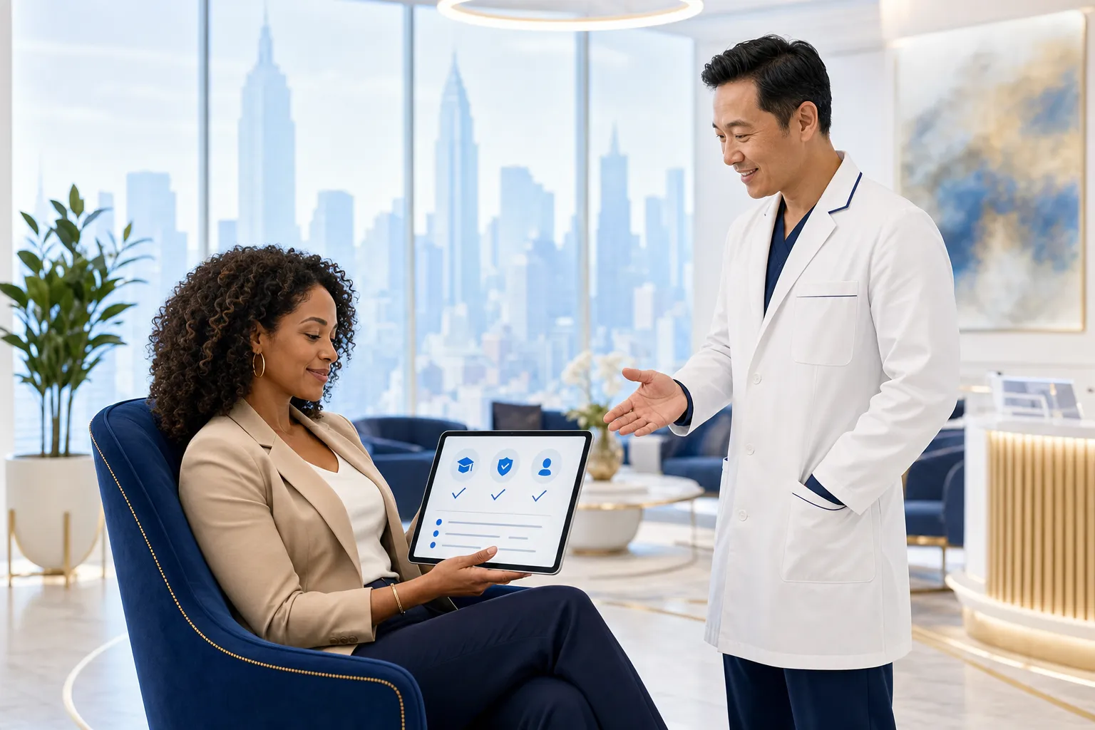 Illustration of a calm patient and friendly cosmetic dentist in a bright Upper West Side dental office, symbolizing the process of finding a trusted, qualified cosmetic dentist in Manhattan.