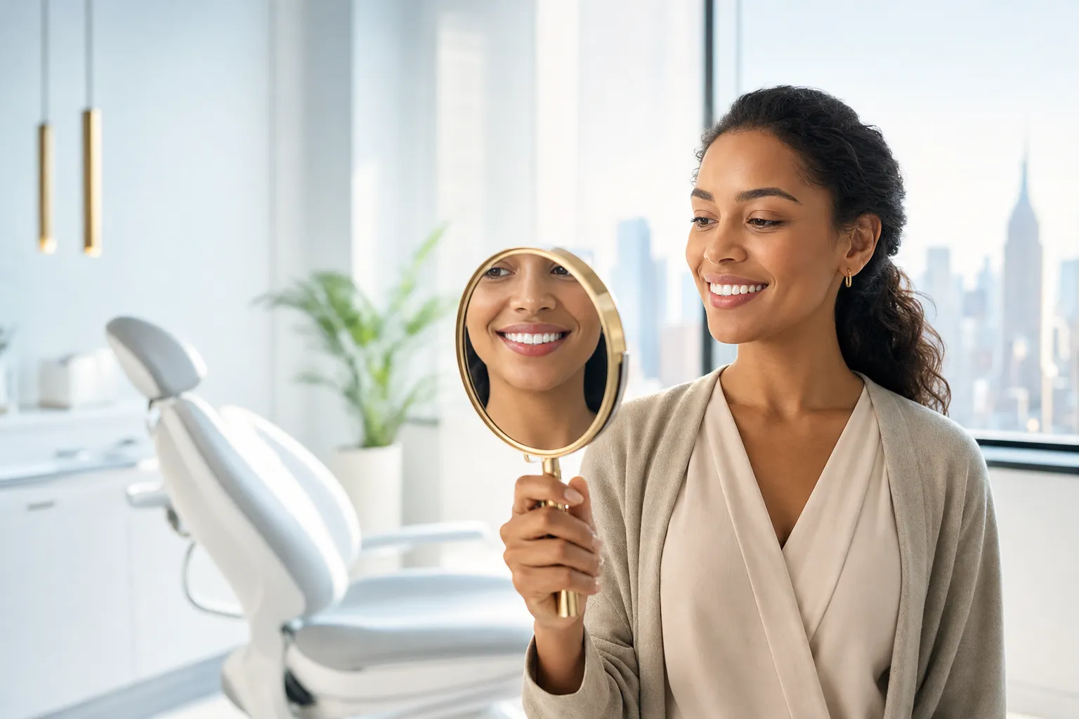 Illustration of a confident woman admiring her natural smile in a hand mirror inside a bright, modern cosmetic dental studio, representing the choice of veneers and the right cosmetic dentist in New York.